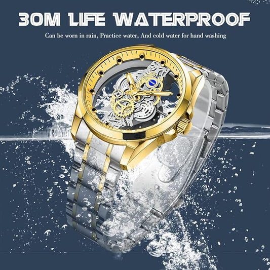 zf4shion RoyalGear Skeleton Watch – Gold & Silver Luxury Timepiece