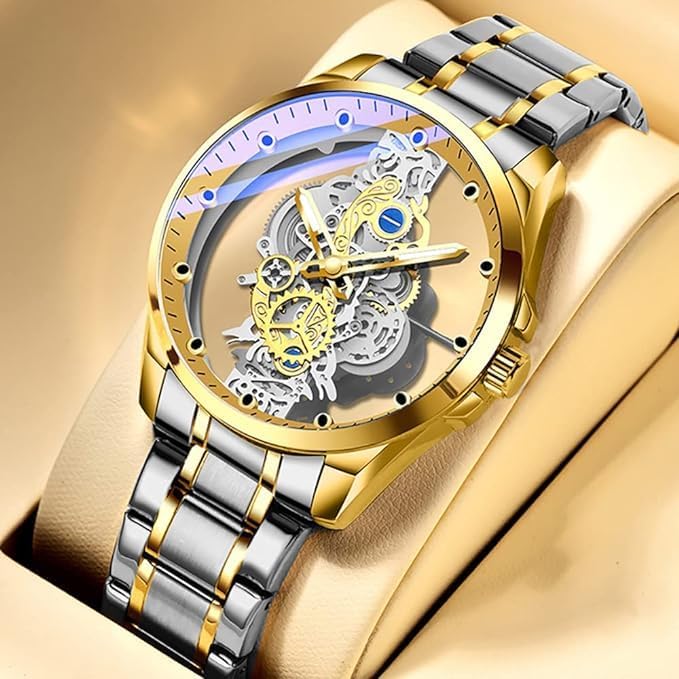 zf4shion RoyalGear Skeleton Watch – Gold & Silver Luxury Timepiece