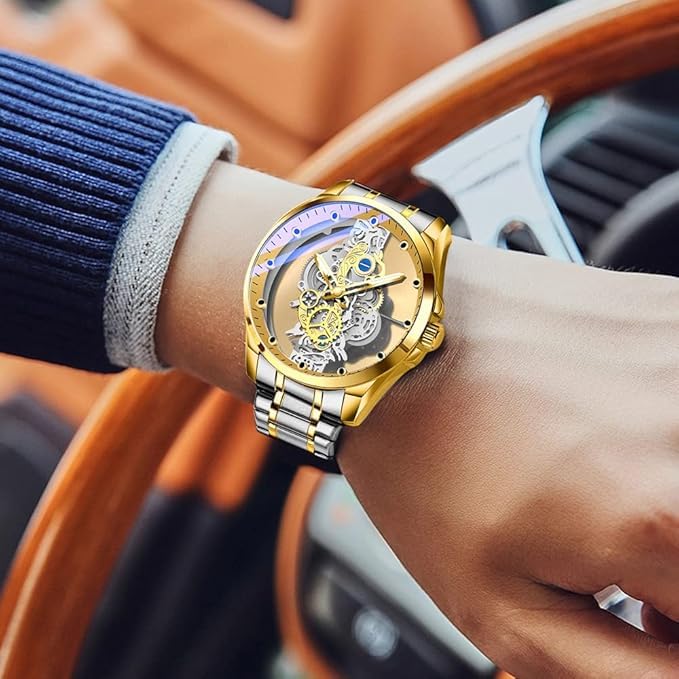 zf4shion RoyalGear Skeleton Watch – Gold & Silver Luxury Timepiece
