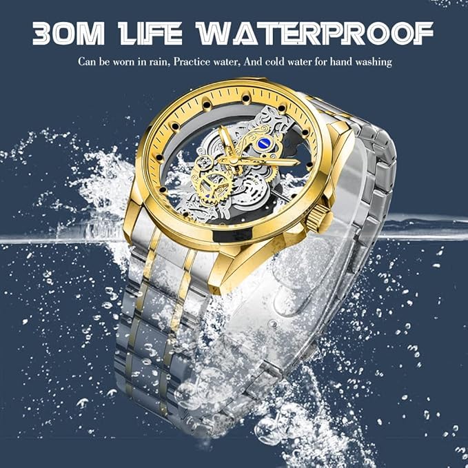 zf4shion RoyalGear Skeleton Watch – Gold & Silver Luxury Timepiece
